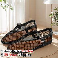Women Mesh Ballet Flats Fishnet Ballerina Flats Buckle Strap Slip Ballerina Shoes Round Toe Ballet Shoes for Outdoor Travel