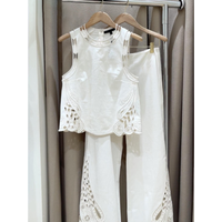 New Luxury High End Summer Women's Two Piece Set Fashion Hollow Out O-neck Sleeveless Top + Straight Pants White Elegant Outfit