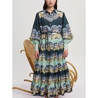 Zhome 2025 Holiday New European French Retro Floral Print Button Long Sleeve National Style Long Dress Elegant Wome...