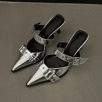 Punk Goth Metal Buckle High Heels Women's Sandals Summer Pointed Toe Silver Party Shoes Fashion Womens Pumps Shoes Tacones