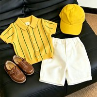 Boys' Set Summer New Children's Yellow Striped Ice Silk Knitted Short Sleeve Top+Casual Shorts 2-piece Set