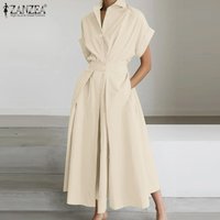 ZANZEA Women 2026 Summer Dress Fashion Lapel Neck Short Sleeve OL Dresses Elegant High Waist A Line Robe Solid Work Sundress