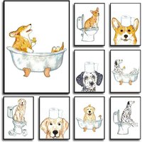 Funny Bathroom Pet Poster Beagle Corgi Retriever Dog Toilet Painting Humor Bathtub Watercolor Canvas Wall Art for Washroom Decor