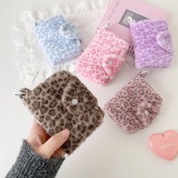 Leopard Print Mini Wallet & Earbud Case, Faux Fur Heart Pattern Coin Purse, Aesthetic Fluffy Bag Charm, Small Jewelry Pouch