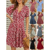 Summer New for Women's Floral Print Short Sleeve Wrap V-Neck A-Line Dress Fashion Print Holiday Beach Women Dresses
