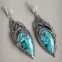 Ethnic Silver Color Blue Pattern Dangle Earrings Woman Geometry Carving Party Daily Wear