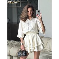 Clacive Fashion Loose White Shorts Sets For Women 2 Pieces Elegant Half Sleeve Shirts With High Waist Pleated Mini Shorts Set