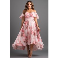 Flycurvy Plus Size Vacation Pink Chiffon Floral Print Off The Shoulder High Low Hem Maxi Dress