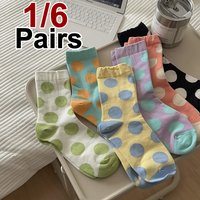 1/6 Pairs Women Colorful Polka Dot Mid Tube Cotton Socks Cute Sweet Style Spring Summer Sweat Absorbing Breathable Casual Socks