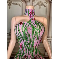 ZD Halter Rhinestone Outfits Sleeveless Summer Evening Color Blocking Dress Sexy Mini See Through Dress