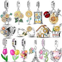 925 Sterling Silver Charms Beads Sunflower Tulip Rose Carnation Flowers Charm Fit Original Bracelet DIY Women Jewelry Gift