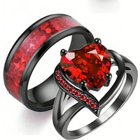 Fashion Couple Rings For Lover's Romantic Women Red Heart Rhinestones Zircon Ring Fashion Men Stainless Steel Rings Wedding Band