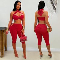 Sexy Capri Legging Set Womens 2 Piece Outfits Cross Neck Crop Top and Mid-Length Pants Suit for Woman Party Night Club Wear
