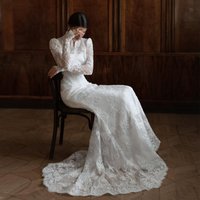 2026 Vintage Women's Bridal Gowns Elegant High Neck Muslim Women's Lace Wedding Dress Formal Party vestido de noiva Customized