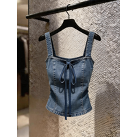 Unique Blue Denim Strap Vest Short Top for Women High Waist No Sleeve Square Collar T-Shirt Sexy Style Summer New Arrival