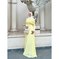 Verngo Blush Yellow Crepe Evening Dress High Neck Full Sleeves A Line Formal Occasion Dresses Modest Arabic Prom Gown Customized
