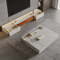 Modern Minimalist TV Stand & Coffee Table Set with LED Flame Effect - Solid Wood, Full Slate Surface, Floor Standing