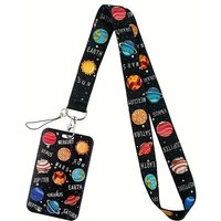 Space theme durable polyester lanyard set, with ID clip and keychain - Colorful planet design