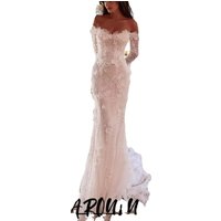 SAROULU Off Shoulder Mermaid Wedding Dress 3D Handmade Floral Appliques Sparkle Beaded Lace Bridal Gown Chapel Train Customized