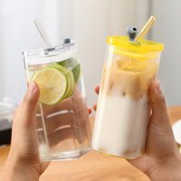 400ML Square Heat-Resistant Glass Coffee Cup with Lid and Straw, Transparent Milk Tea Juice Cup, Home Bar Drinkware