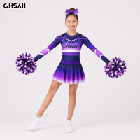 Girls Cheerleading Uniform Purple Gradient Sparkle Long Sleeve Cheerleader Outfit Skirt Cold Shoulder Dance Costume Competition
