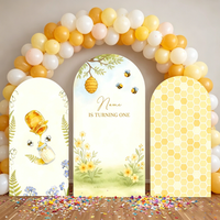 Mehofond Warm Yellow Bee Theme Arch Backdrop Customized Name Honeycomb Grid Texture Kid's Birthday Party Shower Background Decor