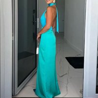 Fashion Color Blocking Slim Women's Evening Dress 2024 Summer Lady Halter Hollow High Waist Dress Sexy Off Shoulder Long Dresses