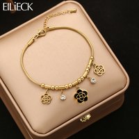 EILIECK Women's Black Flowers Charms Bracelet Bangle 18K Gold-plated Stainless Steel Trendy Jewelry Hand Chain for Female Gift