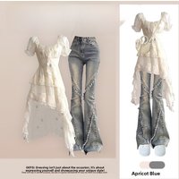 Bohemian Waist-Cinching Summer Dress And High Waist Bell Bottom Jeans Set Versatile Retro Style Long Sleeve round Neck Top