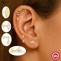 Aide 925 Sterling Silver Ear Hollow Lotus Earrings CZ Paved Top Threaded Labret Ear Stud Tragus Lip Ring Body Piercing Jewelry