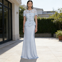 Fashion Button with Adjustable Sash Prom Gowns Women's O-neck Short Sleeve Two Piece Evening Dress Customized A-line Party Dress