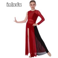 Kids Girls Lyrical Contemporary Dance Dress Patchwork Side Split Mesh Shiny Rhinestones Dresses Competition Performance Costumes