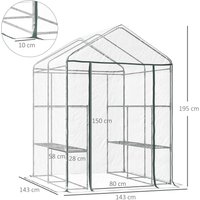 Walk in Greenhouse with 3 Tier 8 Shelves Steel Frame Hemmed Cover Roll Up Zipped Door Outdoor Plant Grow House 143x143x195cm