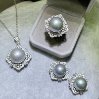 Foydjew New High Quality Tahiti Gray Pearl Pendant Necklaces Stud Earrings Rings Bridal Wedding Jewelry Sets For Women
