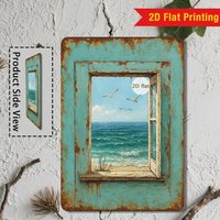 Vintage Coastal Window Metal Wall Art – Rustic Seascape Tin Sign for Living Room or Beach House, 8x12 Inch Nautical Decor