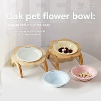 Elevated Cat Bowl with Wooden Stand, Flower Shaped Ceramic Neck Protection Pet Bowl, Raised Cat Food Bowl for Cats Dogs
