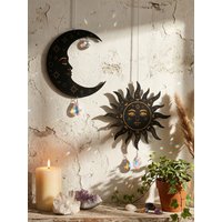 Black Sun Moon Face Wall Hanging Crystal Prism Suncatcher Boho Celestial Star Pattern Window Ornament Witchy Home Wall Art Decor