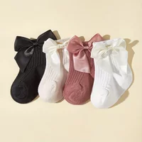 4 Pairs Baby Girl Socks Large Bow Princes Kids Middle Tube Socks Solid Color Spring Autumn Newborn Toddler Cotton Short Socks