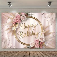 Happy Birthday Party Banner | Multi colored background with floral and gold glitter accents | Elegant Pink