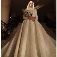 Dubai Muslim High Collar Wedding Dress Sequins Beading Custom Made Bridal Gowns Long Sleeves Vestido De Novia