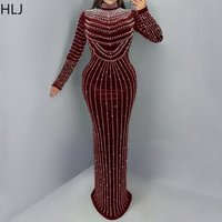 HLJ Elegant Rhinestone Patchwork Bodycon Dresses Women High Neck Long Sleeves Dress Sexy Female Party Clubwear Vestidos 2025 New