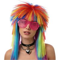 Women 60s 70s Rock Style Rainbow Ombre Explosion Head Wig Halloween Carnival Pink Purple Wave Curly Synthetic Hair with Bangs