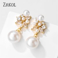 ZAKOL Flower Shape Big Imitation Pearl Dangle Earrings for Women Fashion Zircon Earring Exquisite Bridal Wedding Jewelry EP5556