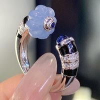 KQDANCE New Solid 925 Silver Black Enamel Engraved Synthetic Gemstone Fruit Style Rings Big Light Blue Stone Jewelry Women