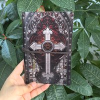 Gothic Cathedral Cross Pentacle A6 Leather Notebook - Vintage Stained Style, Handmade Sketchbook, Dark Academia Stationery Gift