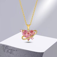 Vnox Women Big Pink Heart Stone Necklaces, Cubic Zirconia Pendant with Adjustable O Chain, Satellite Shape Collar Accessory
