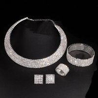 3/4Pcs Full Necklace Earrings Ring Bracelet Rhinestone Hollow Necklace Bridal Set