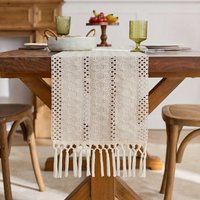 1pc Boho Farmhouse - style Tasseled Table Runner - Beige Polyester Blend with Tassels, Ideal for Home and Restaurant Decoration