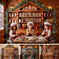 Mocsicka - Toile de fond de photographie pour studio, thème Boulangerie de Noël, cuisine, pain d'épices, hiver, armoire en bois, couronne, pour enfants et fêtes