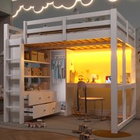 140 x 200 cm modernes Hochbett mit 2 Schubladen und Regalen, Unterbett-Schreibtisch, Kinderbett mit LED-Licht und USB, geeignet für Schlafzimmer, weiß